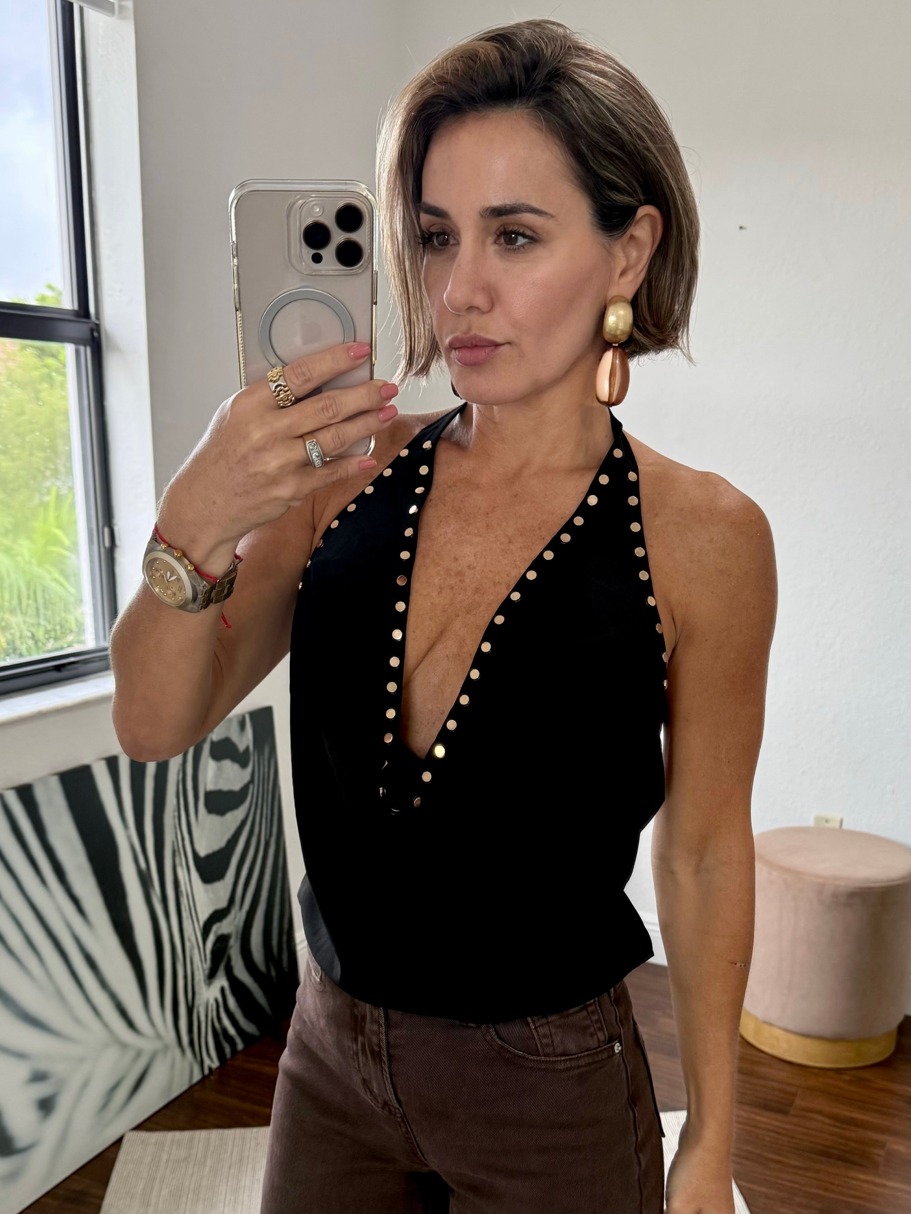 Black Dressy Top with Ruffled Neckline and Studs