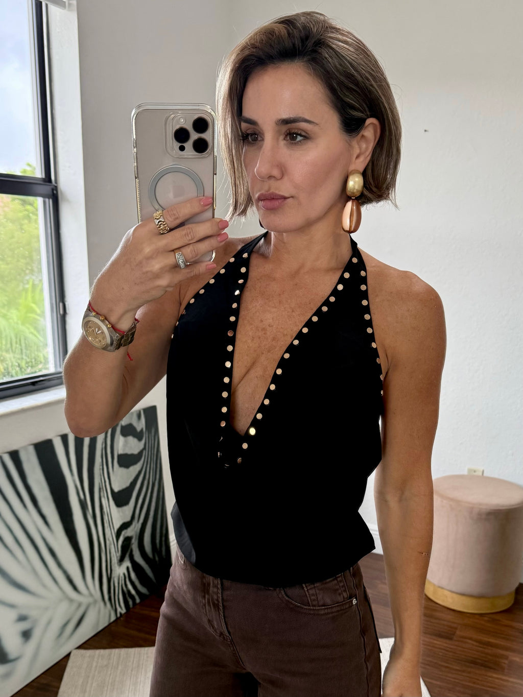 Black Dressy Top with Ruffled Neckline and Studs