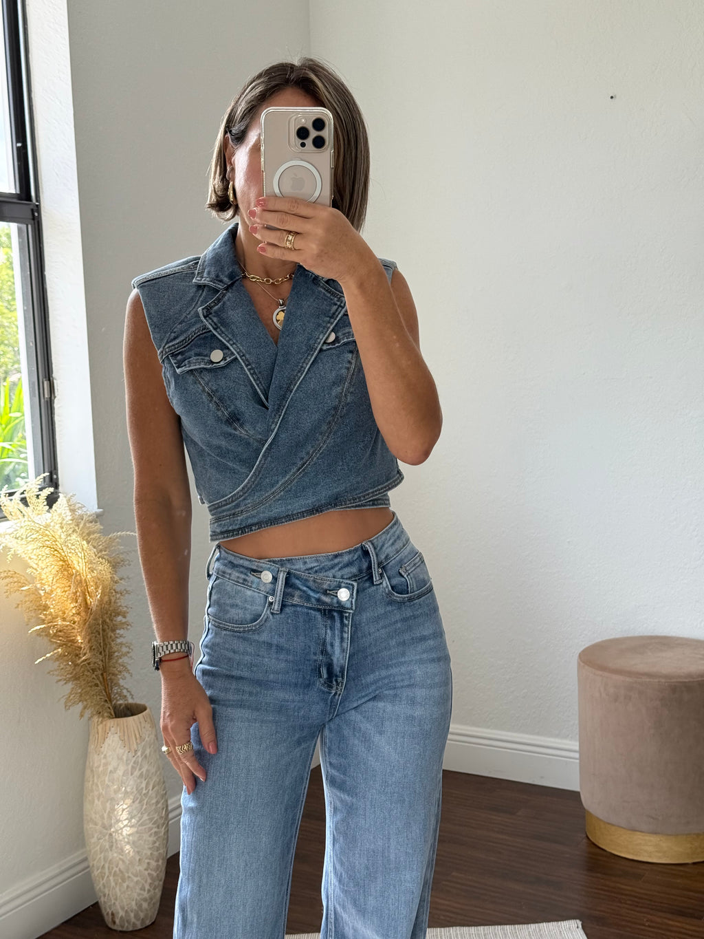 Crossed Denim Vest Top