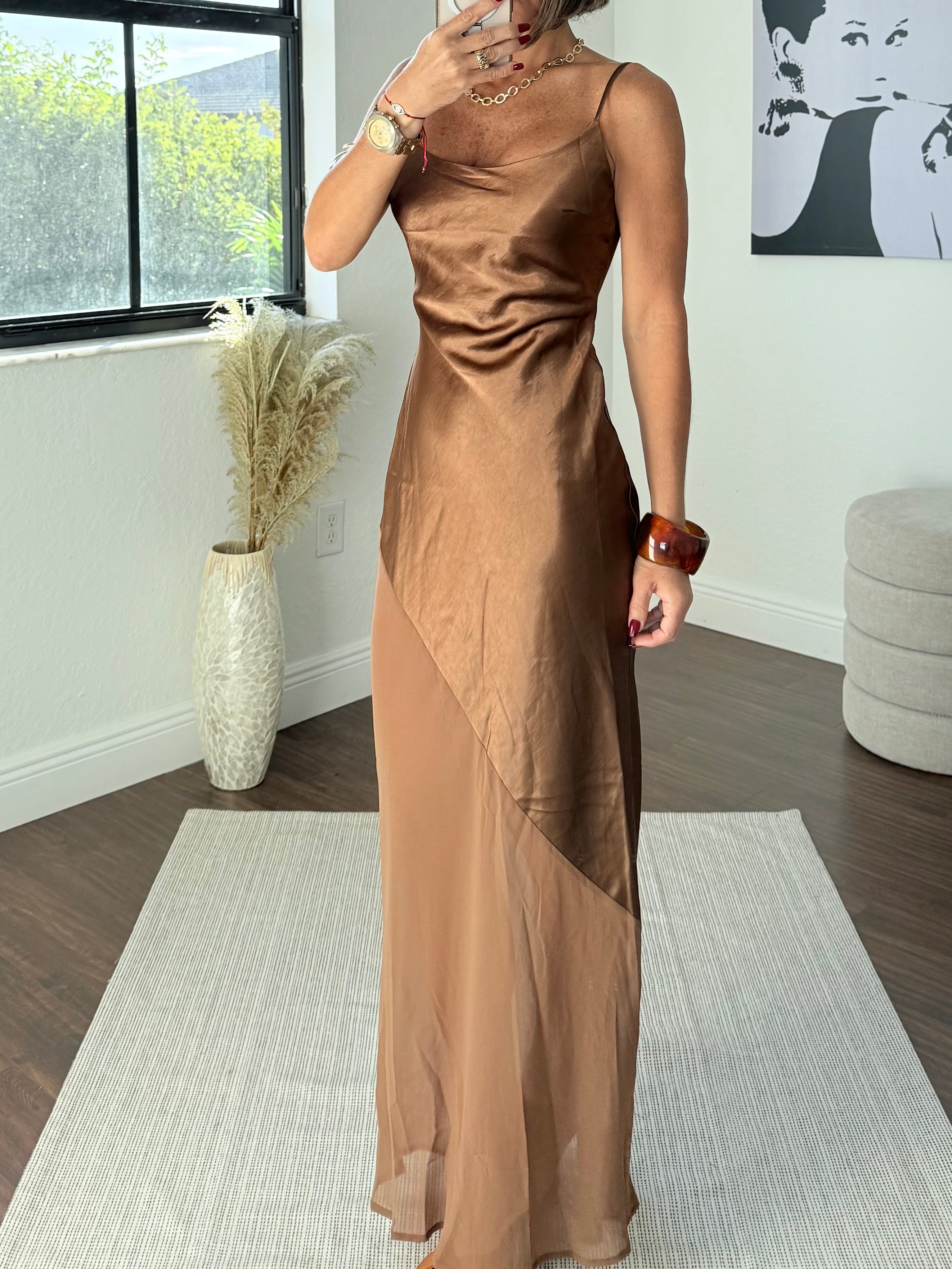 “Brown Satin Asymmetric Dress with Sheer Tulle Glow”