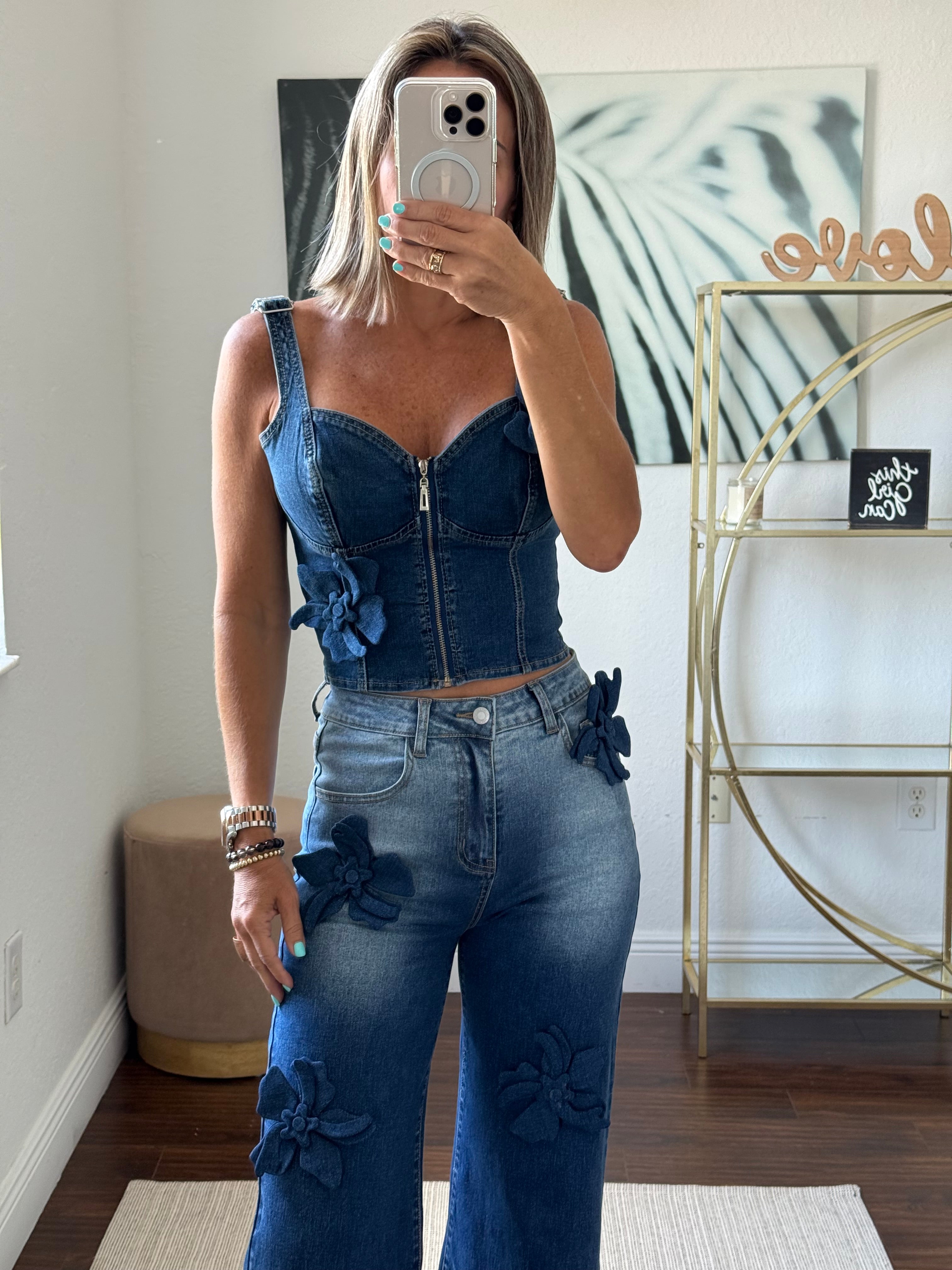 Dark blue Denim Set with Floral Touch & Modern Corset