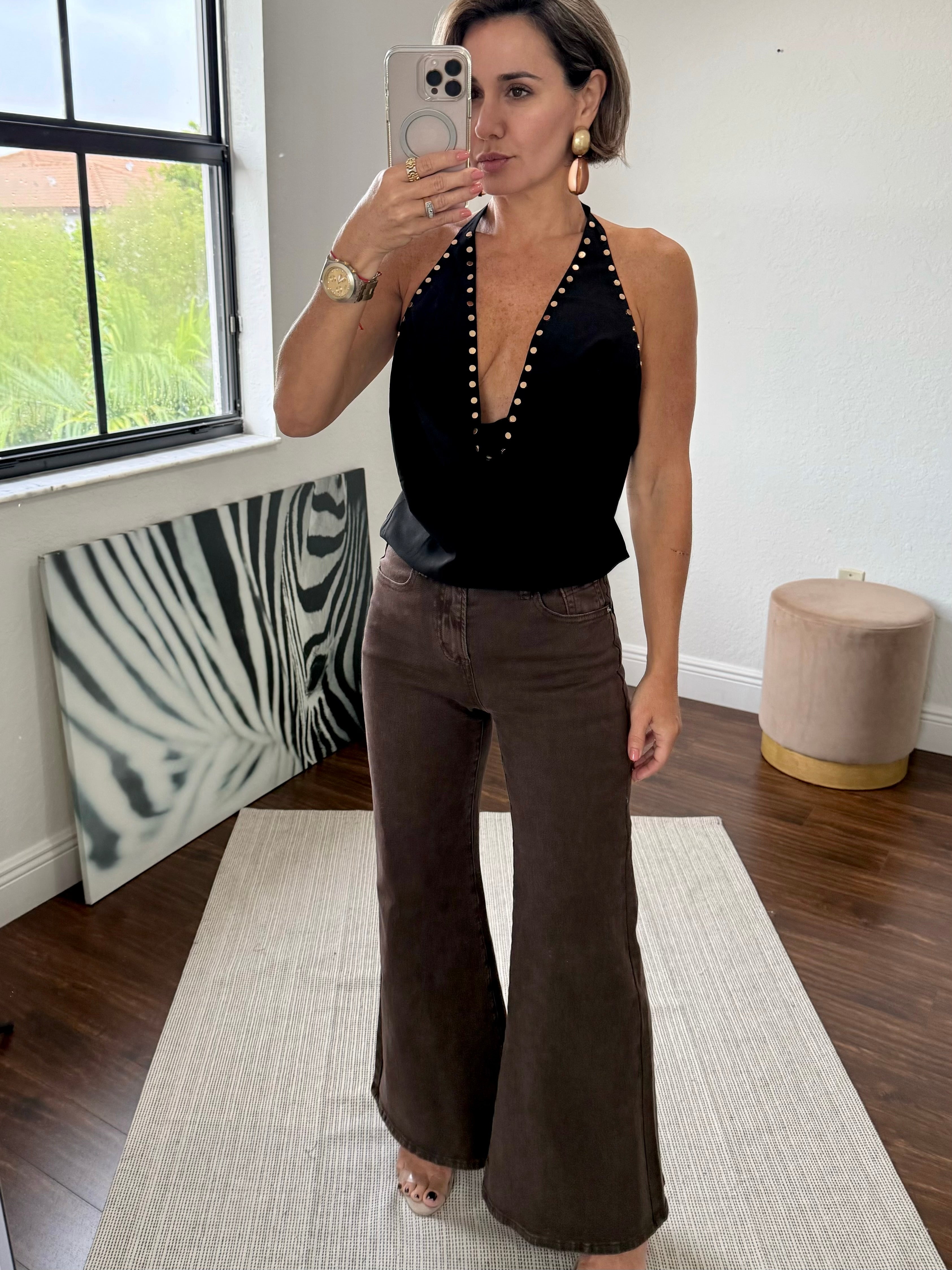 Black Dressy Top with Ruffled Neckline and Studs