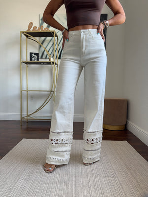 White Denim Pants with Rhinestone Hem