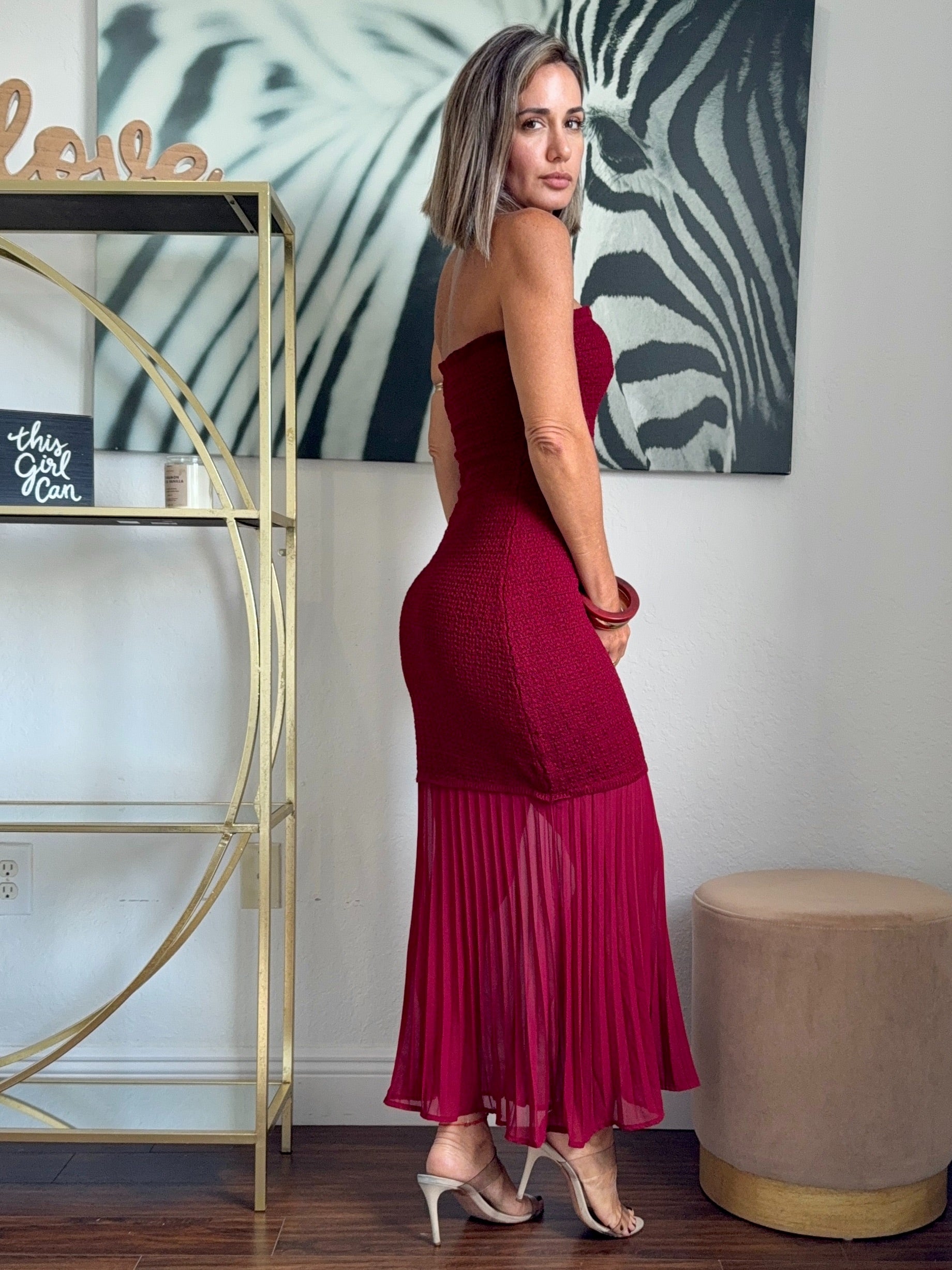 Burgundy Strapless Pleated Dress
