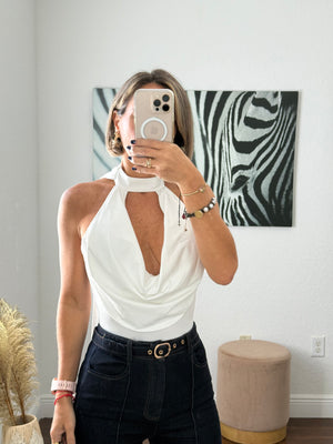 White  Elegant Bodysuit with Unique Neckline Detail