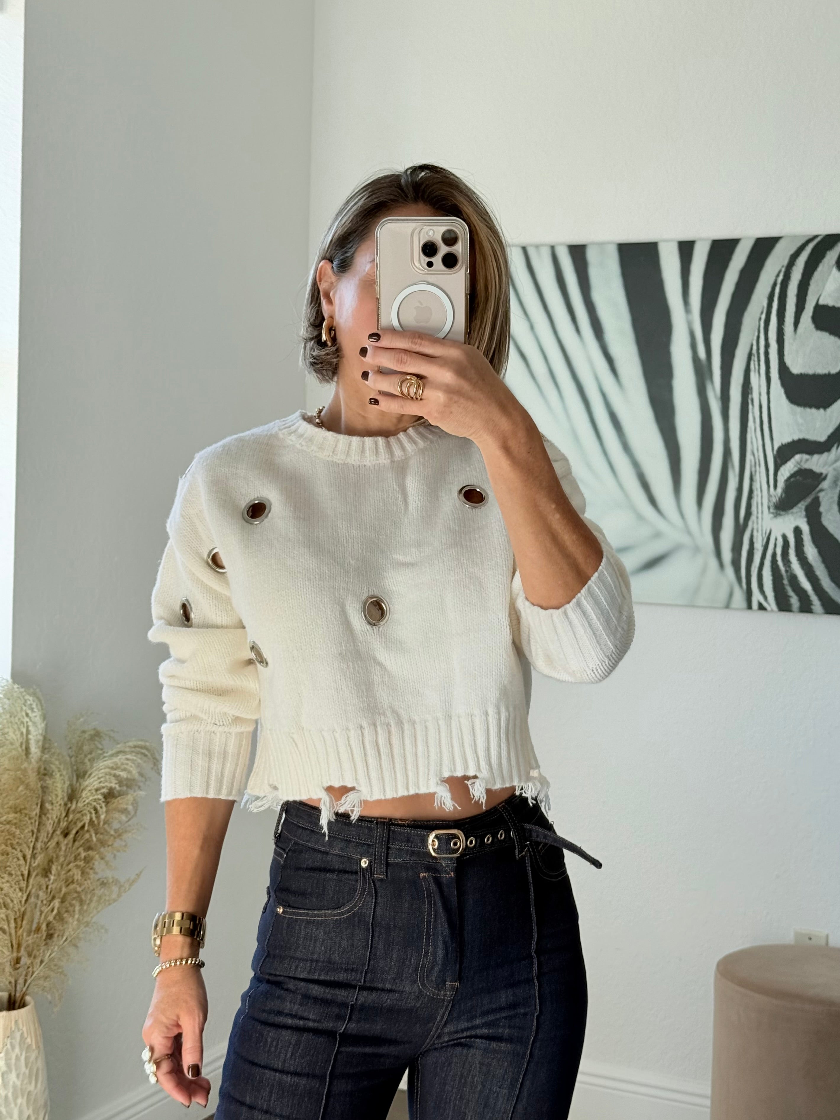 Edgy Silver Eyelet Crop Sweater