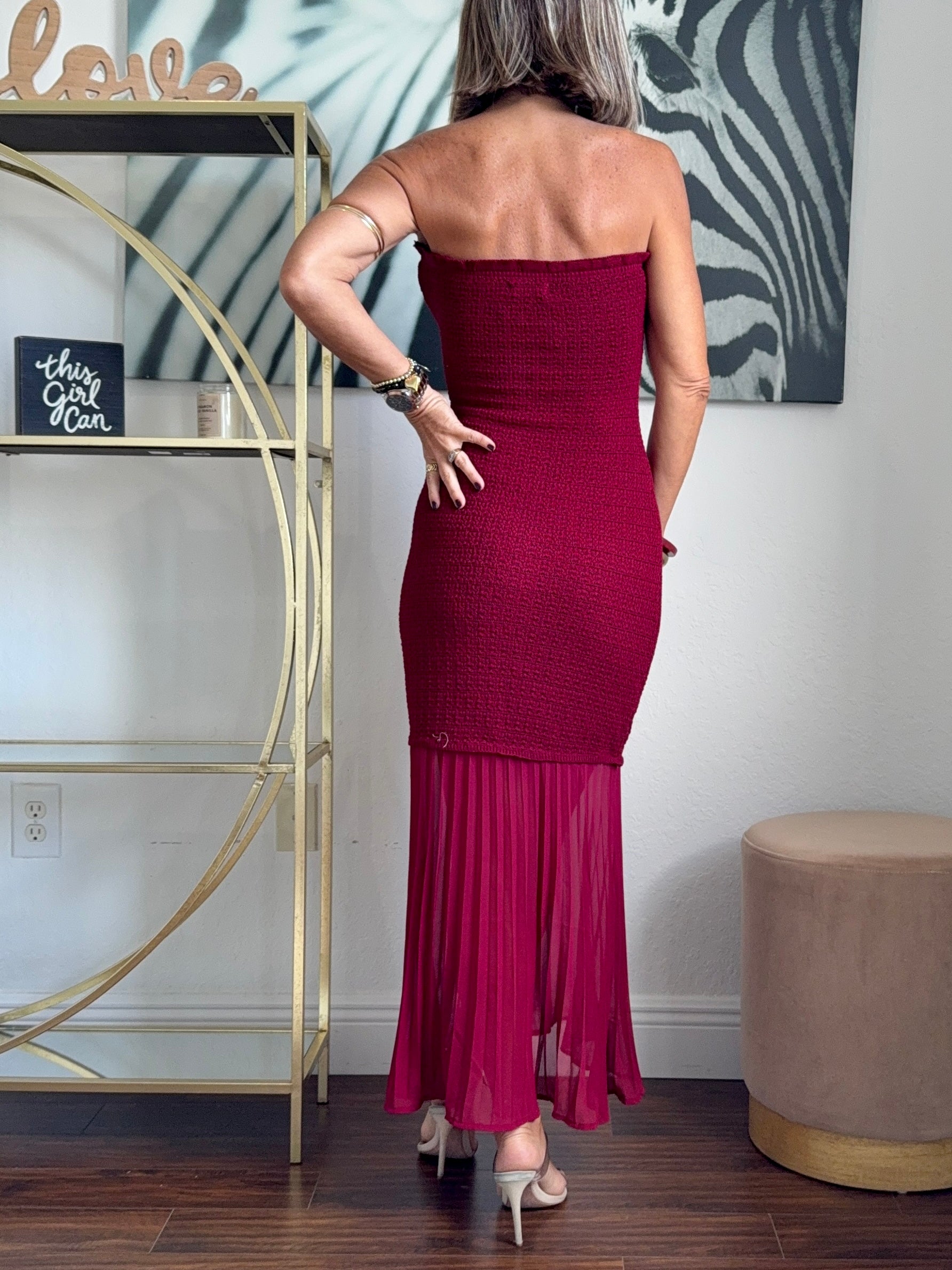 Burgundy Strapless Pleated Dress