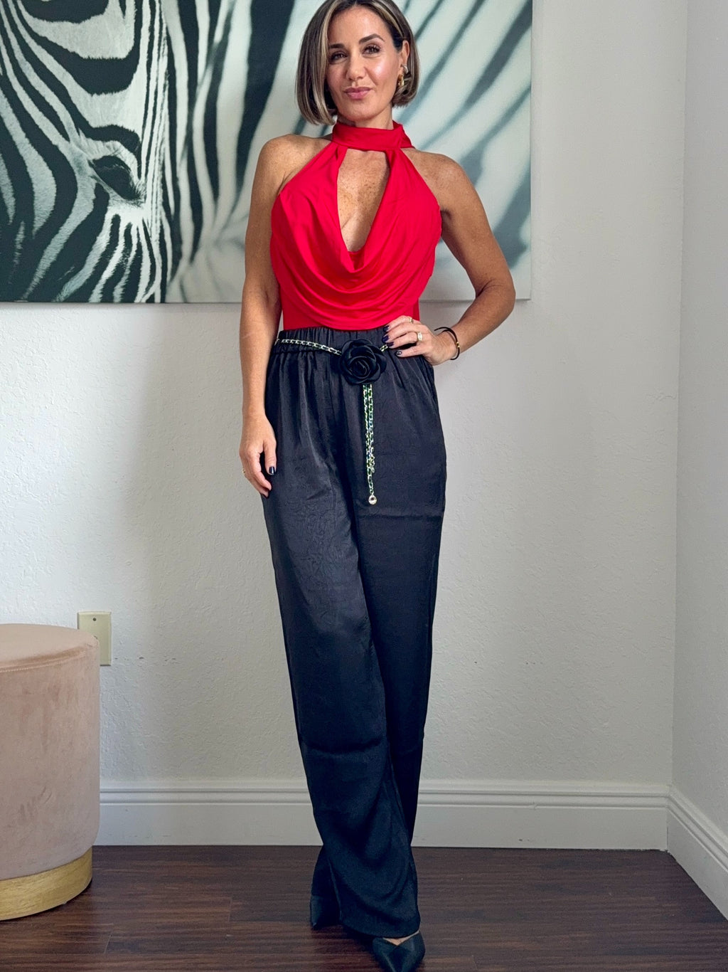 Red  Elegant Bodysuit with Unique Neckline Detail