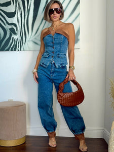 Aladdin-Style Denim Set with Leather Details